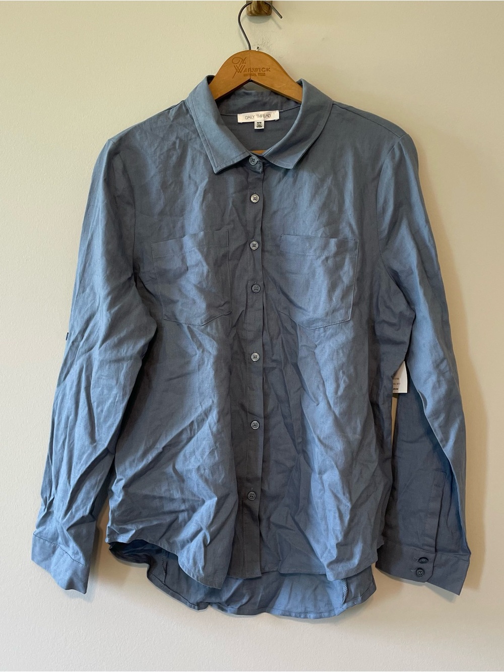Heather Blue Button Up Shirt Size Medium Linen Blend Long Sleeve Pockets